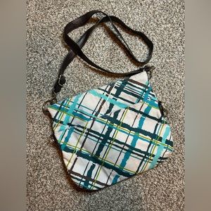 Thirty-One | Teal Aqua Green Gray Brown Abstract Striped Crossbody Bag